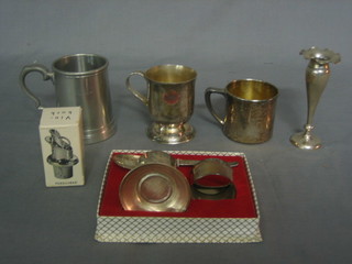 2 silver plated christening tankards, a pewter tankard, a Continental "silver" vase 5" and a childs christening set