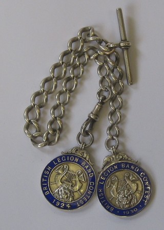 A silver curb link double Albert watch chain hung 2 silver and enamelled British Legion medals