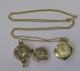 2 lady's gold cased wristwatches together with a gilt metal watch pendant and chain