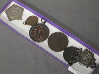 A silver watch chain medallion and various bronze medallions etc