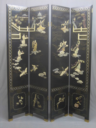 A very attractive 20th Century Oriental lacquered 4 fold dressing screen, inlaid mother of pearl and semi-precious hard stones, 54"