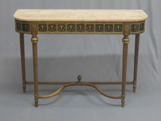 A 20th Century French inlaid walnut console table with pink veined marble top 43"