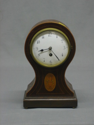 An Edwardian French 8 day mantel clock with enamelled dial and Arabic numerals contained in an inlaid mahogany balloon shaped case, raised on bun feet