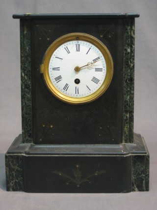 A Victorian French 8 day mantel clock with enamelled dial and Roman numerals contained in a 2 colour marble case