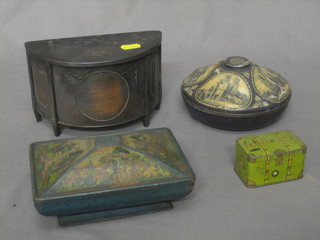 A small tin in the form of a trunk 3", a State Express cigarette tin in the form of a bow front sideboard, a Rowntrees lozenge shaped tin and a Rowntrees circular tin decorated Cathedrals