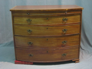 A 19th Century mahogany bow front chest with cross banded top, fitted a brushing slide above 4 long graduated drawers with brass swan neck drop handles, raised on bracket feet 40"