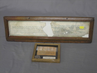 A Southern Railway square soap tablet, framed together with a Great Western Railway printed carriage notice "To call the attention of the Guard and Driver in case of emergency" (sign damaged) contained in an oak case