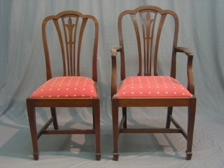 A set of 4 mahogany framed slat back dining chairs with upholstered drop in seats - 2 carvers, 2 standard
