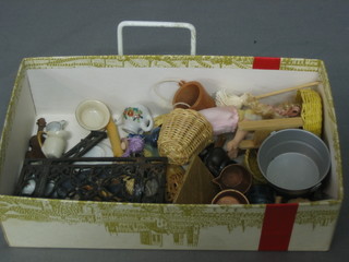 A dolls house chessboard and pieces, a violin, a clock garniture set, an oval gilt framed mirror and a pair of ice skates, a dolls house metal twin handled tea tray 1", a 3 light candelabrum, 3 napkins and napkin rings, 3 knives, 4 forks, 4 spoons and a rolling pin and other miniature dolls house items etc