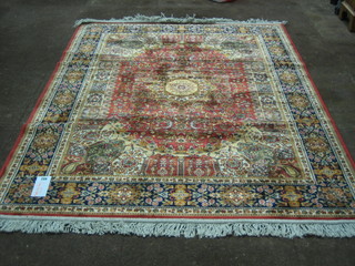 A contemporary rose ground and floral patterned Madras style cotton carpet 65" x 50"