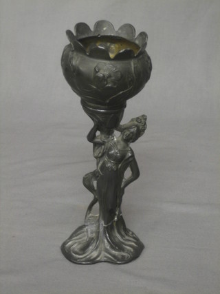An Art Nouveau miniature pot and jardiniere stand supported by a figure of a lady 8" (f and r)
