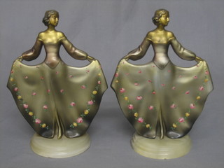 After Lorenzo, a pair of Art Deco painted spelter figures of standing ladies, the reverse marked ANR Austria 9"