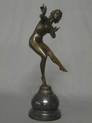 A modern bronze Art Deco style figure of a standing dancing lady, raised on a marble base 18"