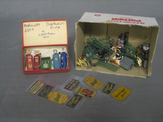 5  miniature model petrol pumps and 9 various miniature railway signs and a collection of Britains and other figures