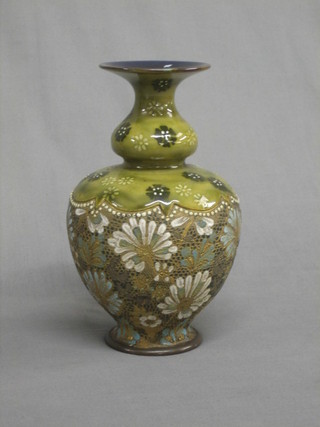 A Doulton & Slater green club shaped vase with floral decoration 9"