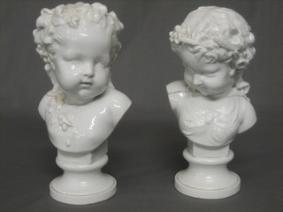 A pair of "Meissen" blanc de chine porcelain head and shoulders portrait busts of cherubs Et Automne (both f and r and chipped to base)  9"