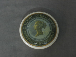 A Victorian toothpaste jar lid for Cherry Toothpaste decorated a portrait of young Queen Victoria 3" (chips to back)