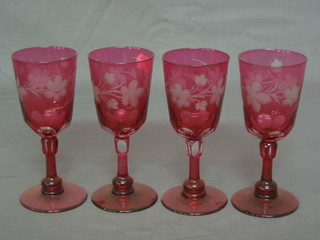 4 red overlay etched wine glasses