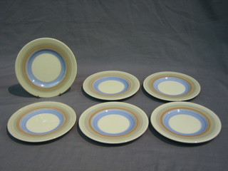 6 Susie Cooper sandwich plates with blue and grey circular decoration 6" (1 crazed)