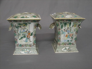 A pair of 19th Century Oriental Famille Vert square porcelain twin handled vases  and covers of waisted form, with spreaders, decorated court figures (1f) 7"