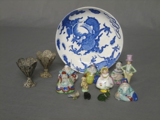 2 small filigree egg cups and a small collection of miniature Oriental items