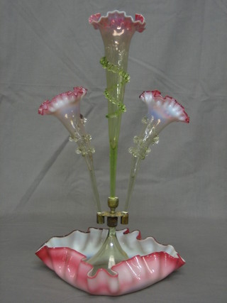 A Victorian red glass epergne with 3 trumpets 18"