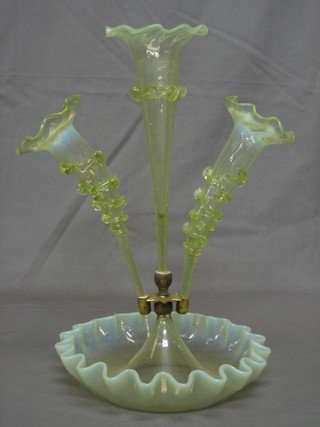 A Victorian Vaseline green glass epergne with 3 trumpets 15"