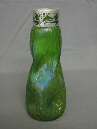 An Art Nouveau shaped green crackle glazed vase 12"