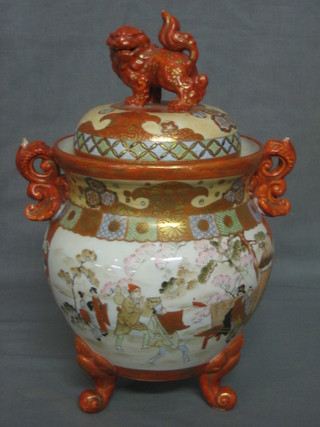 A Kutana twin handled urn and cover, the finial in the form of a lion 12" (some chips and f and r), the base with 6 character mark