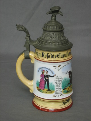 A 19th Century German porcelain Beerstein with military decoration, the base with lithophane panel together with a translation on No.43 Squadron Royal Air Force note paper 9"