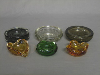 3 Whitefriars circular glass ashtrays and 3 other Art Glass ashtrays