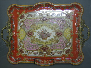 A reproduction Victorian Continental porcelain tray with gilt metal handles 21"