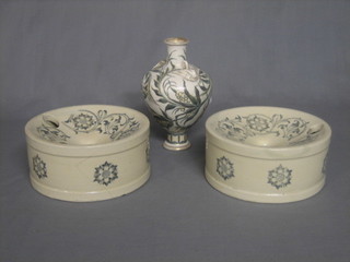 A Doulton Burslem Carrara vase 8" and 2 similar spittoons 7"