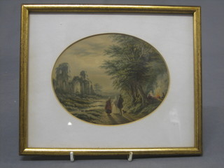 A Baxter style print "Figures Walking by a Ruined Abbey" 5" oval