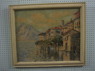 D Vichop, oil on canvas Continental impressionist scene "Quay by Mountain" 19" x 23" (hole)
