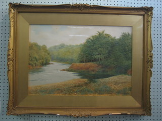 A Jones, watercolour drawing "Lake Scene" with label to reverse Jacksons Bank River Riddle Lancashire 14" x 21"