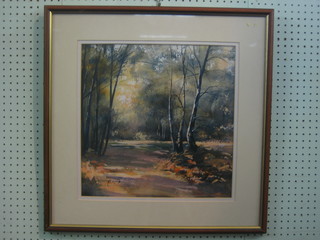 Watercolour drawing "Woodland Scene" indistinctly signed 17" x 16"