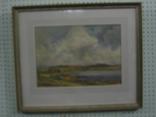 Margaret Morcam, watercolour drawing "Moorland Scene with Bay and Buildings" signed 10" x 14 1/2"