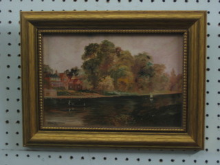 Stanley Wilson, oil on board "River Scene with Boat House and Figures" 6" x 9"