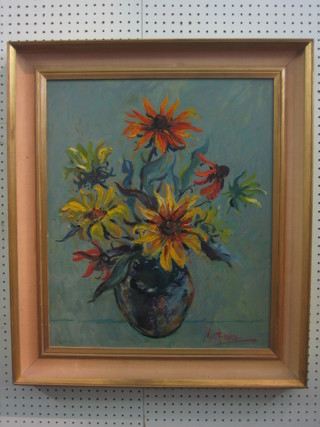 Matt Brice, modern art,  oil on board still life study, "Vase of Sun Flowers" 23" x 19"