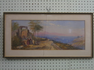 19th Century watercolour drawing "Mediterranean Scene with Figures Walking by a Bay, Mountains in the Distance" 8" x 18"