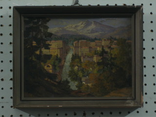 A 19th/20th Century oil on board "Continental Mountain Town with Bridge and Waterfall" 7" x 9"