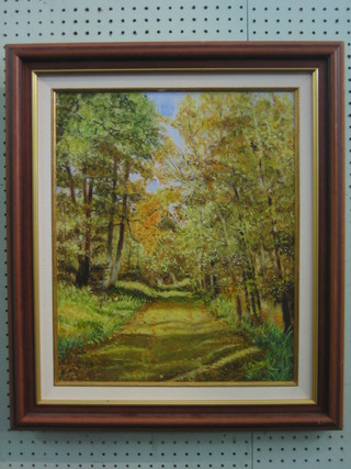 M Fancon-Deblonde, oil on canvas "Woodland Scene in Spring" 18" x 14"
