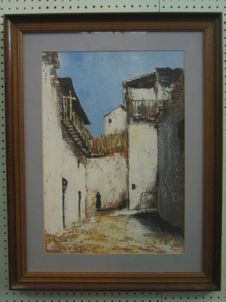 Mediterranean School, oil painting on board "Buildings with Figure" indistinctly signed and dated '70, 19" x 30"