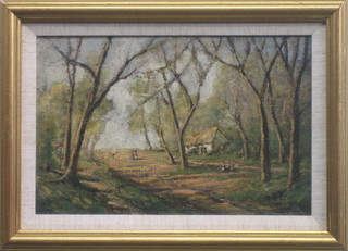 Harold Goldthwait, oil painting on board "Study of a Woodland Clearing with Path and Thatched Cottage, monogrammed HG 7" x 11"