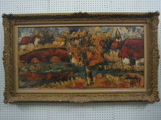 Henry Danty, (1910 - 1995)  impressionist oil painting on canvas "Rural Scene with River and Bridge, Church in Distance" signed 19" x 39", purchased from the  Omell Gallery, London 1966, label to reverse
