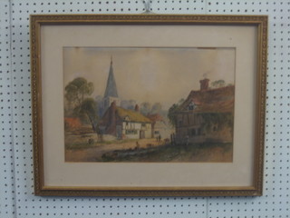 A Victorian watercolour drawing "Study of Church, Cottages and Figures Walking" 12" x 17"