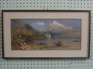 F Booty, a Victorian watercolour drawing "Alpine Lake Scene with Figure Walking" 7" x 16", signed and dated 1869