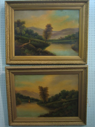 A pair of Victorian oil paintings on board "River Scenes with Castle and Mountain in Distance and River Scene with Yacht" 19" x 27" indistinctly signed
