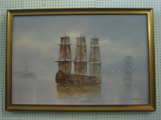 T Garcia, oil on board "Three Masted Sailing Sheep" 23" x 36"